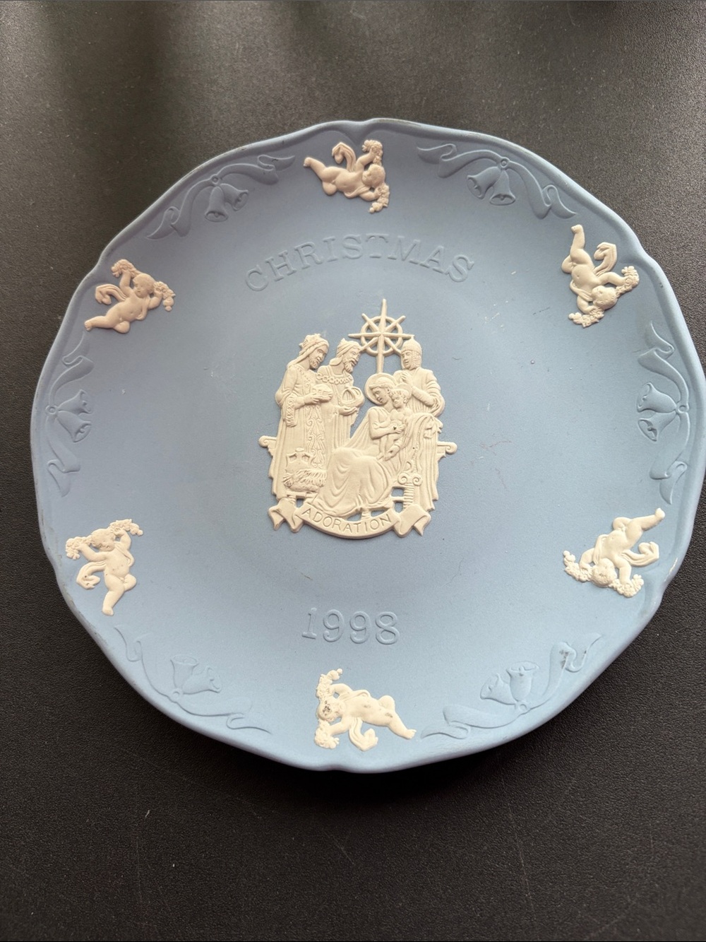 Wedgwood Pale Blue Jasperware Christmas Plate with White Relief